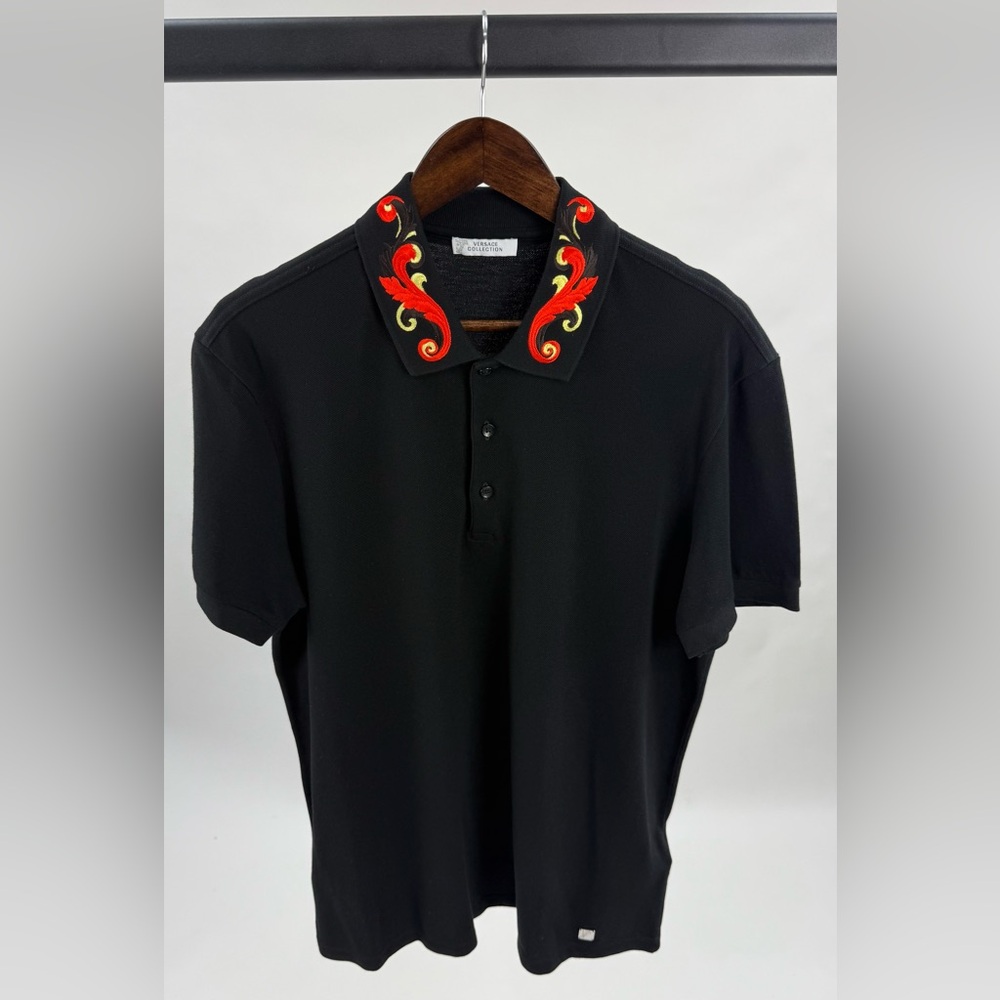 Versace Black and Red Polo Shirt with Ornamental Collar